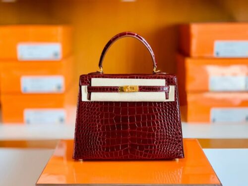 Hermes Kelly Shiny Alligator ck57 Bordeaux red Gold Hardware 25cm Full Handmade