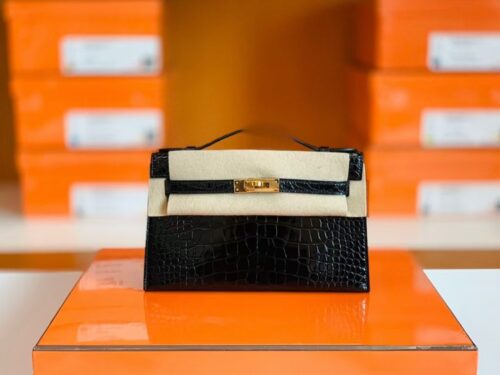 Hermes Mini Kelly pochette Shiny Alligator CK89 Black Gold Hardware 22cm Full Handmade