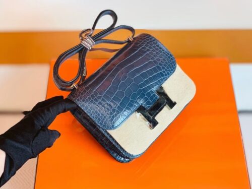 Hermes Constance Shiny Alligator crocodile n7 Dark blue Silver Hardware 18cm Full Handmade
