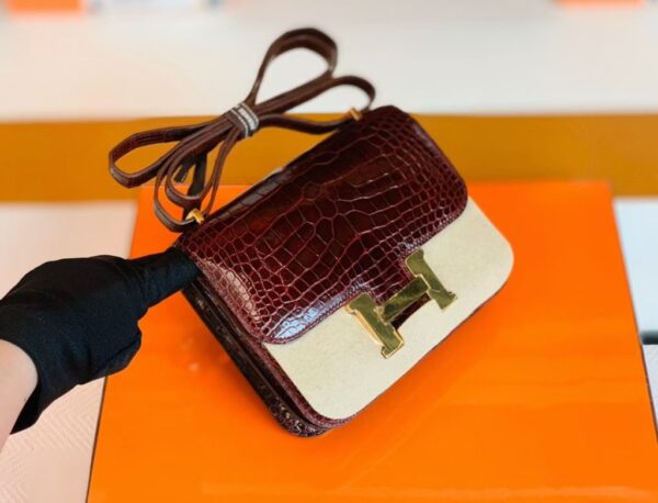 Hermes Constance Shiny Alligator crocodile ck57 Bordeaux red Gold Hardware 18cm Full Handmade