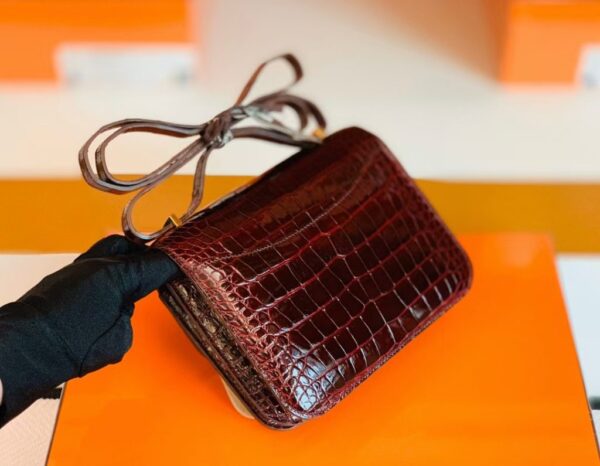 Hermes Constance Shiny Alligator crocodile ck57 Bordeaux red Gold Hardware 18cm Full Handmade