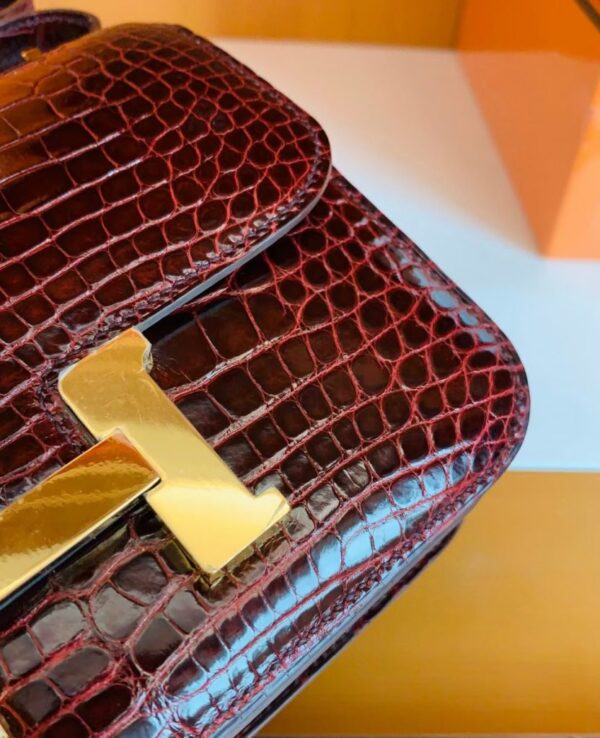 Hermes Constance Shiny Alligator crocodile ck57 Bordeaux red Gold Hardware 18cm Full Handmade
