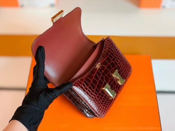 Hermes Constance Shiny Alligator crocodile ck57 Bordeaux red Gold Hardware 18cm Full Handmade