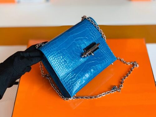 Hermes mini Verrou Shiny Alligator 7Q Sea Blue Silver Hardware 17cm Full Handmade