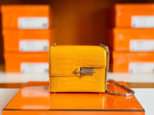 Hermes mini Verrou Shiny Alligator 9D Amber yellow Silver Hardware 17cm Full Handmade