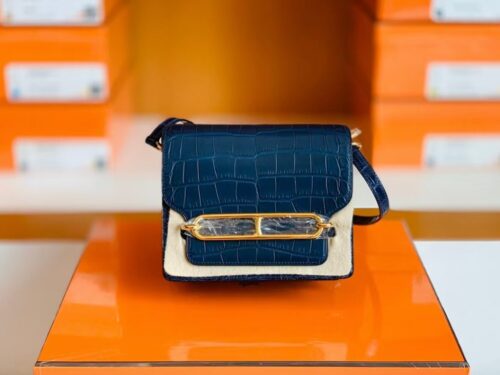 Hermes Roulis Shiny Alligator & Matte Alligator Deep blue Gold Hardware 18cm Full Handmade