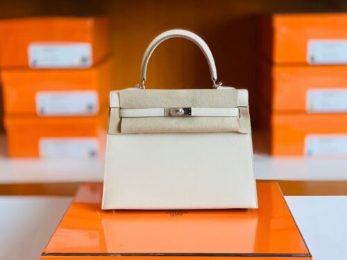 Hermes Kelly Epsom Creamy White Silver Hardware 25cm Full Handmade