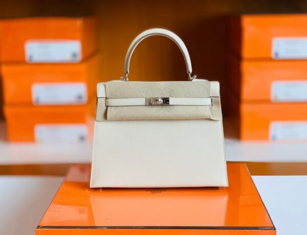Hermes Kelly Epsom Creamy White Silver Hardware 25cm Full Handmade