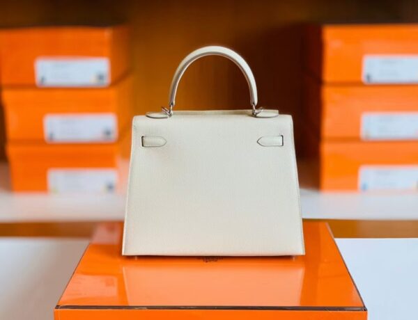 Hermes Kelly Epsom Creamy White Silver Hardware 25cm Full Handmade