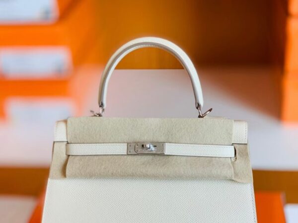 Hermes Kelly Epsom Creamy White Silver Hardware 25cm Full Handmade