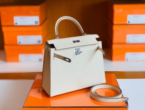 Hermes Kelly Epsom Creamy White Silver Hardware 25cm Full Handmade