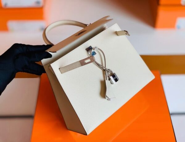 Hermes Kelly Epsom Creamy White Silver Hardware 25cm Full Handmade