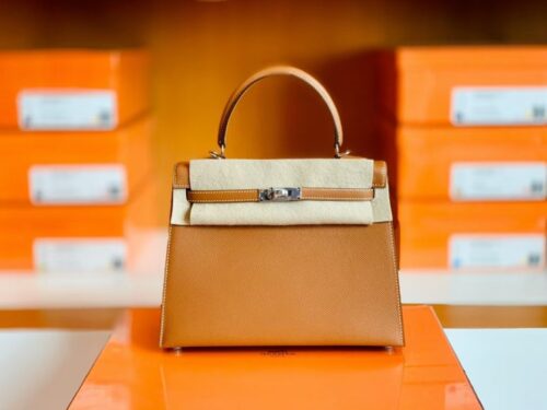 Hermes Kelly Epsom CK37 Golden Brown Silver Hardware 25cm Full Handmade