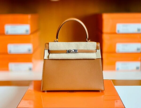 Hermes Kelly Epsom CK37 Golden Brown Silver Hardware 25cm Full Handmade