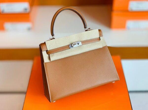 Hermes Kelly Epsom CK37 Golden Brown Silver Hardware 25cm Full Handmade