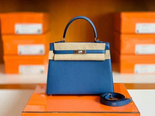 Hermes Kelly Epsom R2 Blue Agate Silver Hardware 25cm Full Handmade
