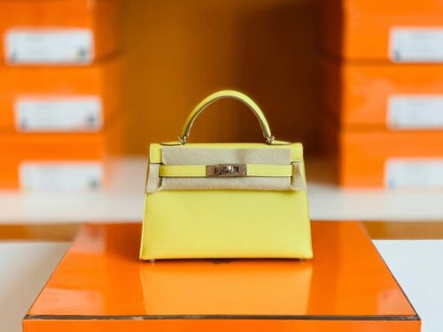 Hermes Mini Kelly Epsom 9R Lemon Yellow Silver Hardware 19cm Full Handmade