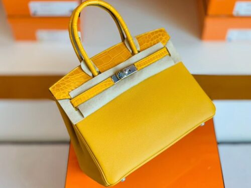 Hermes Birkin Touch Togo & Shiny crocodile 9D Amber Yellow Silver Hardware 30cm Full Handmade