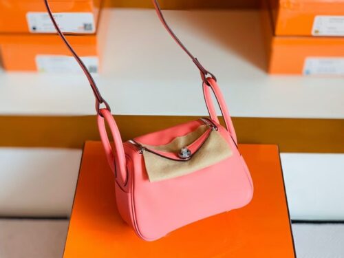 Hermes mini Lindy TC Leather 8w lipstick pink Silver Hardware 19cm Full Handmade