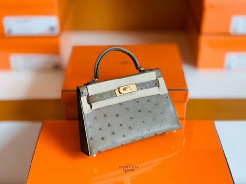 Hermes Mini Kelly Ostrich etoupe grey Gold Hardware 19cm Full Handmade