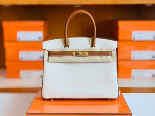 Hermes Birkin Togo cc37 Golden brown & cc10 Creamy white Gold Hardware 30cm Full Handmade