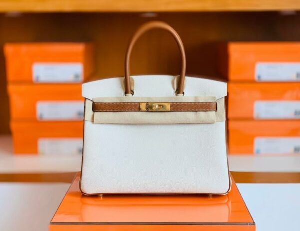 Hermes Birkin Togo cc37 Golden brown & cc10 Creamy white Gold Hardware 30cm Full Handmade