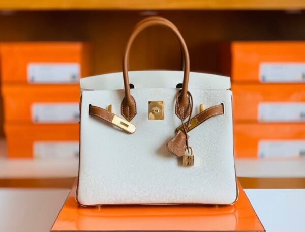 Hermes Birkin Togo cc37 Golden brown & cc10 Creamy white Gold Hardware 30cm Full Handmade