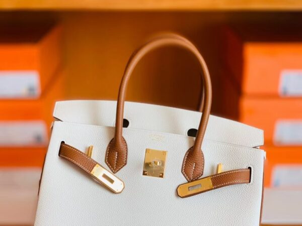 Hermes Birkin Togo cc37 Golden brown & cc10 Creamy white Gold Hardware 30cm Full Handmade