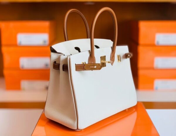 Hermes Birkin Togo cc37 Golden brown & cc10 Creamy white Gold Hardware 30cm Full Handmade
