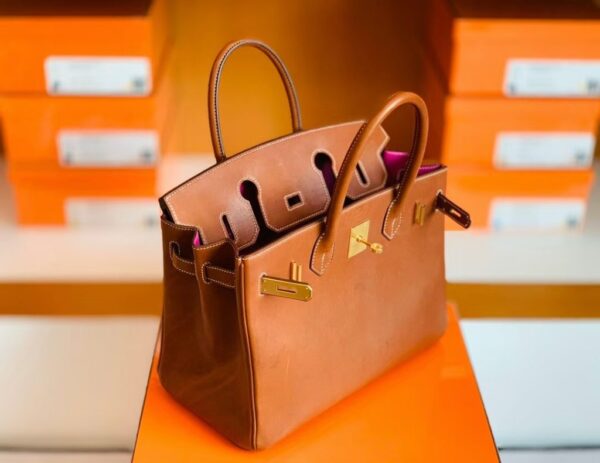 Hermes Birkin Barenia CK37 Golden brown & L3 Rose purple Gold Hardware 30cm Full Handmade