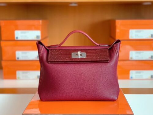 Hermes Kelly 2424 Matte crocodile & Togo Bordeaux red Silver Hardware 29cm Full Handmade