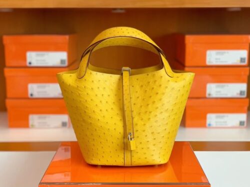 Hermes Picotin Lock Ostrich Lemon yellow Silver Hardware 22cm Full Handmade