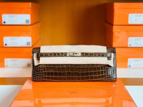 Hermes Kelly cut Olive green Shiny crocodile Silver Hardware 31cm Full Handmade