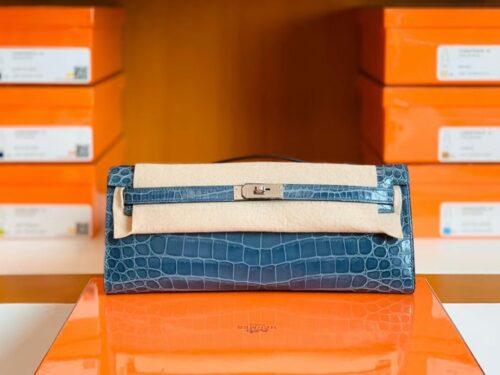 Hermes Kelly cut Shiny crocodile Blue Silver Hardware 31cm Full Handmade