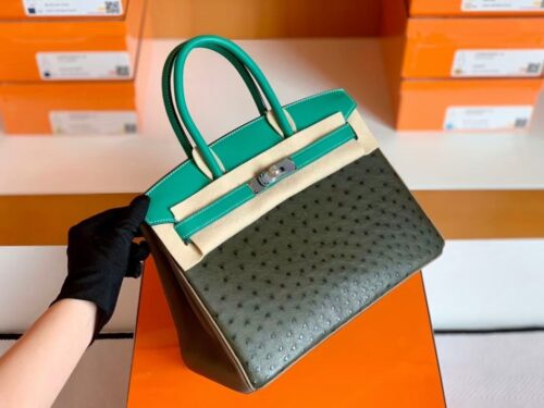 Hermes Birkin Ostrich Olive green & 1K Bamboo green & Etoupe Grey Silver Hardware 30cm Full Handmade