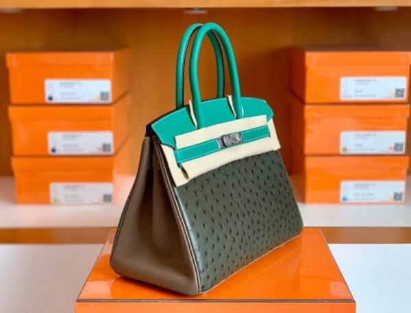 Hermes Birkin Ostrich Olive green & 1K Bamboo green & Etoupe Grey Silver Hardware 30cm Full Handmade