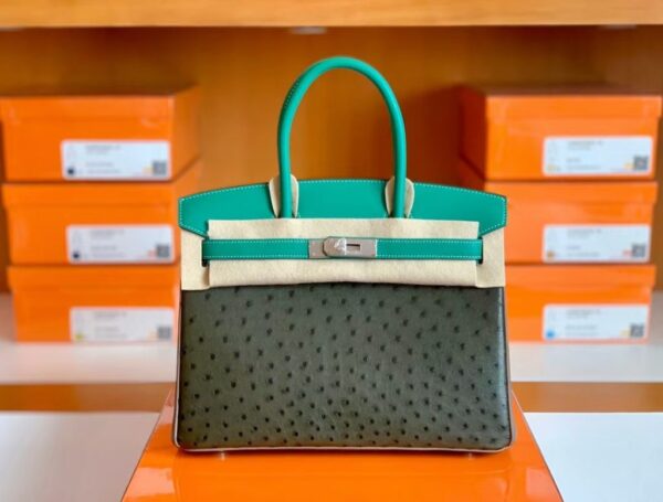 Hermes Birkin Ostrich Olive green & 1K Bamboo green & Etoupe Grey Silver Hardware 30cm Full Handmade