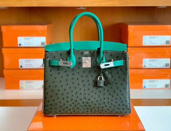 Hermes Birkin Ostrich Olive green & 1K Bamboo green & Etoupe Grey Silver Hardware 30cm Full Handmade