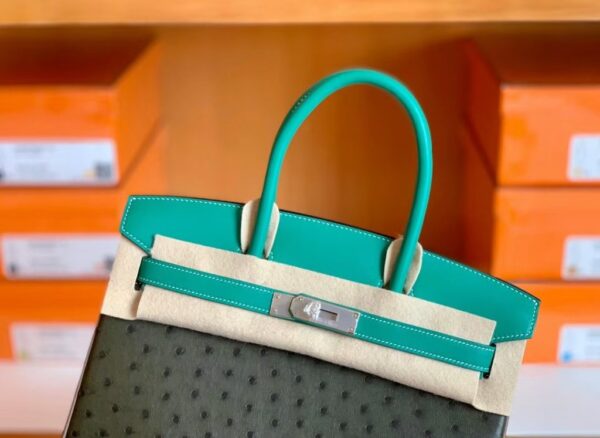 Hermes Birkin Ostrich Olive green & 1K Bamboo green & Etoupe Grey Silver Hardware 30cm Full Handmade