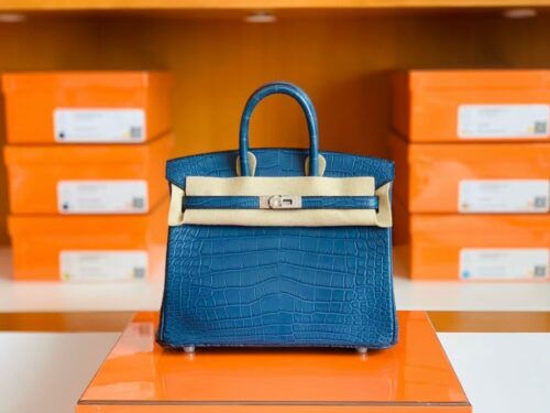 Hermes Birkin Shiny Alligator Crocodile 1P Noble blue Silver Hardware 25cm Full Handmade