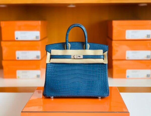 Hermes Birkin Shiny Alligator Crocodile 1P Noble blue Silver Hardware 25cm Full Handmade