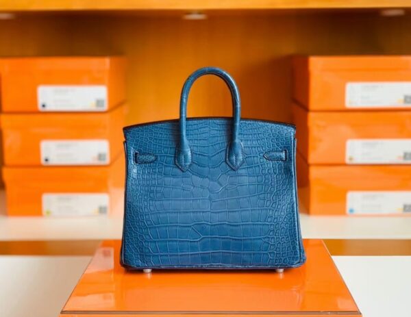 Hermes Birkin Shiny Alligator Crocodile 1P Noble blue Silver Hardware 25cm Full Handmade
