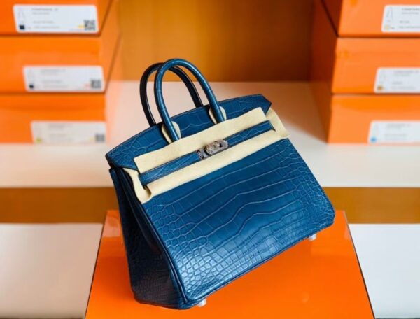 Hermes Birkin Shiny Alligator Crocodile 1P Noble blue Silver Hardware 25cm Full Handmade