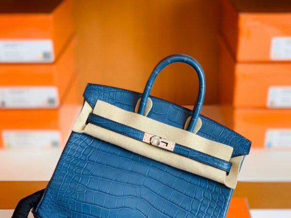 Hermes Birkin Shiny Alligator Crocodile 1P Noble blue Silver Hardware 25cm Full Handmade