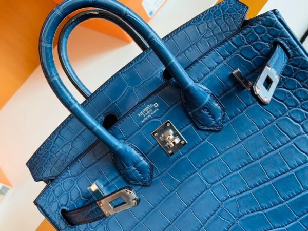 Hermes Birkin Shiny Alligator Crocodile 1P Noble blue Silver Hardware 25cm Full Handmade
