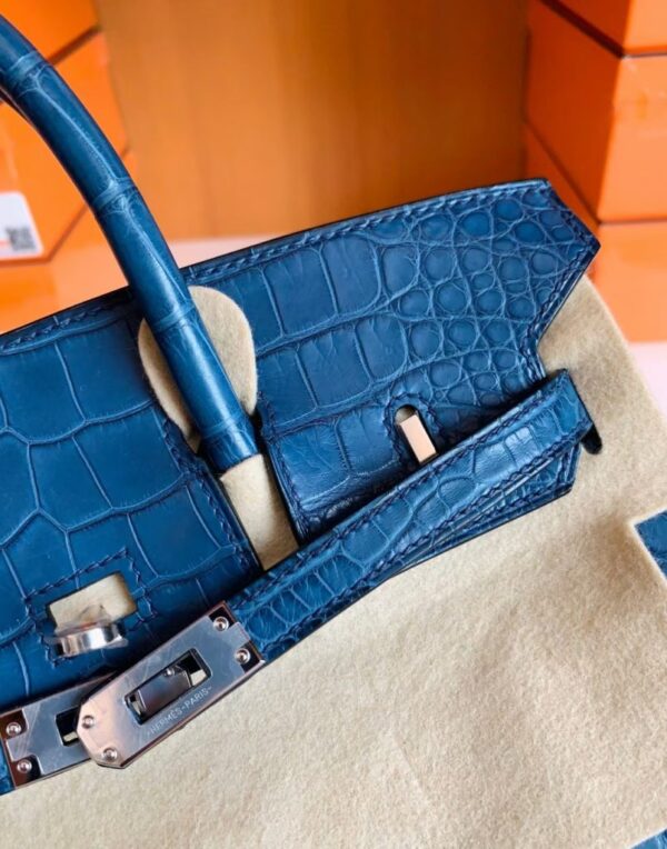 Hermes Birkin Shiny Alligator Crocodile 1P Noble blue Silver Hardware 25cm Full Handmade