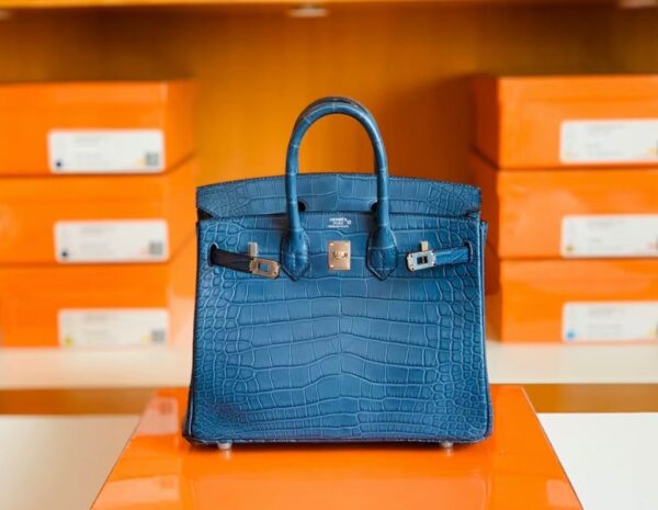 Hermes Birkin Shiny Alligator Crocodile 1P Noble blue Silver Hardware 25cm Full Handmade