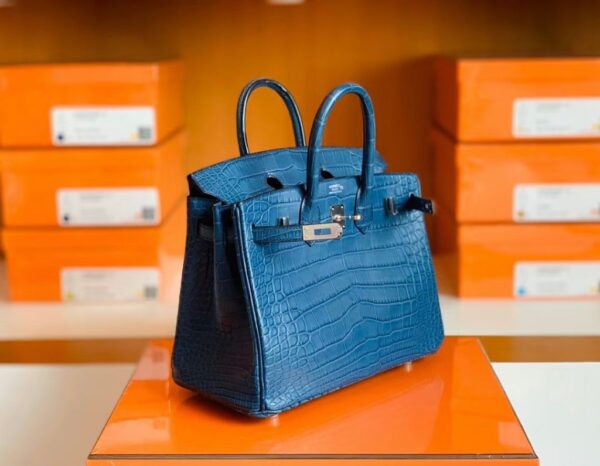 Hermes Birkin Shiny Alligator Crocodile 1P Noble blue Silver Hardware 25cm Full Handmade