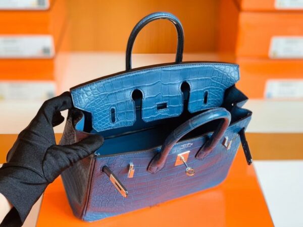 Hermes Birkin Shiny Alligator Crocodile 1P Noble blue Silver Hardware 25cm Full Handmade
