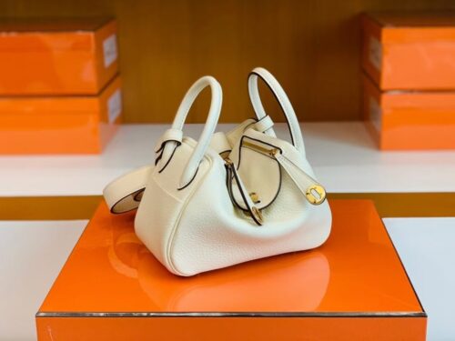 Hermes Mini Lindy TC Leather craie White Gold Hardware 19cm Full Handmade